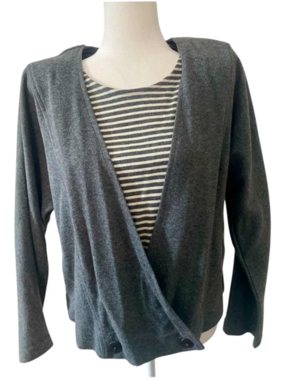 Vintage 90s Sears SA Sport Faux Layered Wrap Top Gray Striped Grunge USA